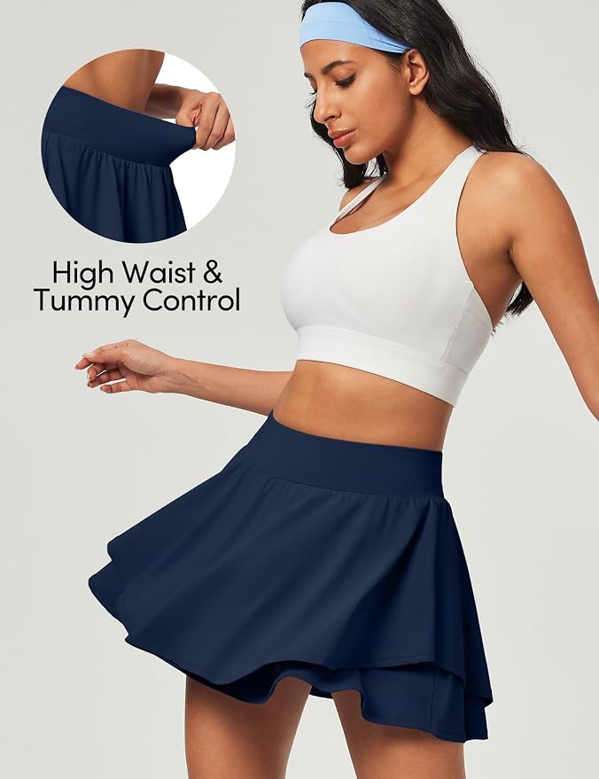 IUGA Tennis Skirt Pleated Skorts for Women with Pockets Skirts for Women | Double Ruffle Skort , Built-In Shorts, 2 Pockets, Tummy Control Breathable, Quick-dry, for Golf, Athletic, Running, Workout