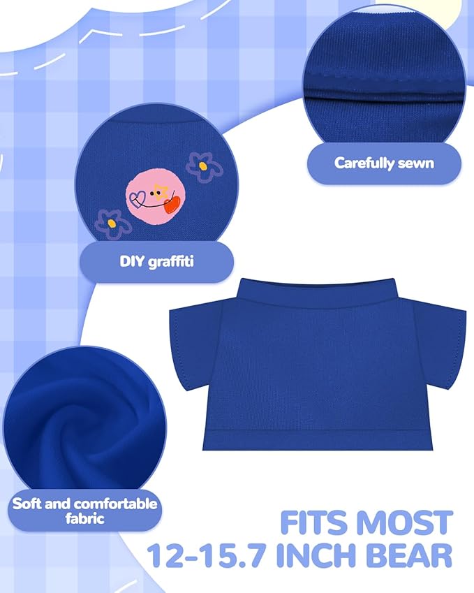 4 PCS Stuffed Bear Basic T Shirt Clothes for 12-15.7 Inch, T Shirt Classic Crew Neck Bear, Cute Tiny Clothes DIY Bear Toy (for 12-15.7 Inch,Blue)