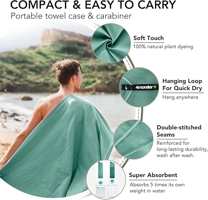 4Monster Quick Dry Travel Towel with Case & Carabiner – Super Absorbent Microfiber Gym & Camping Towel. Compact, Lightweight, Fast Drying for Beach, Swimming, Hiking, Backpacking