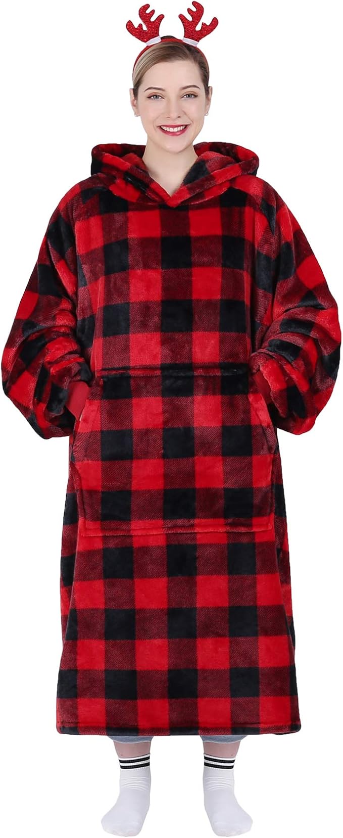 Waitu Wearable Blanket Hoodie Sweatshirt Gifts for Adult and Child, Warm and Cozy Giant Hoodie Blanket for Women and Men, Flannel Blanket with Sleeves - Red and Black Plaid