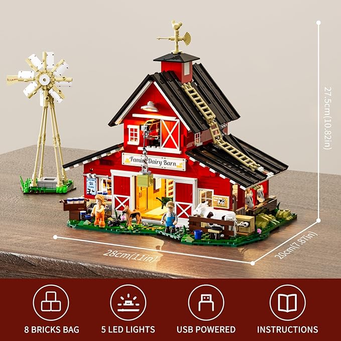 FUNWHOLE Farm Cow-Barn Lighting Building-Bricks Set - Farm Life Cow Barn House Collection LED Light Building Construction Set 1368 Pcs for Adults and Teen