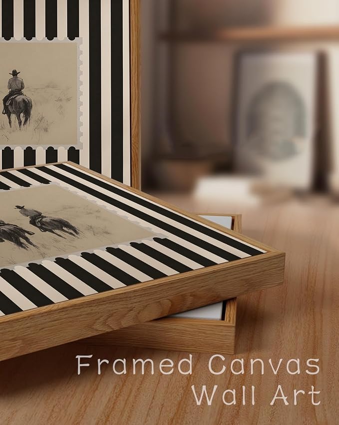 ZZLWBKGL Western Wall Decor Vintage Framed Wall Art Cowboy Canvas Art | Rustic Striped Artwork Retro Stamp Picture Mid Century Paintings for Living Room Bedroom 16x24in