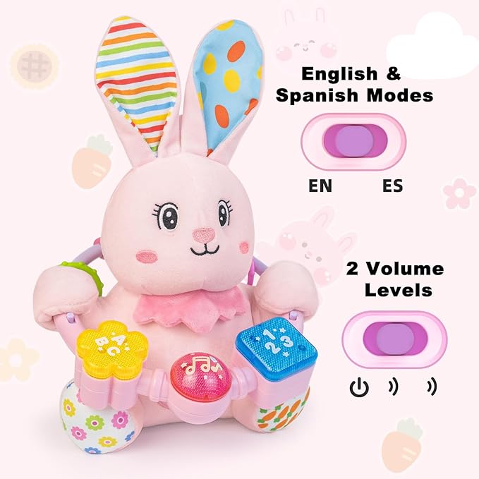 Baby Bilingual Musical Rabbit Stuffed Animals Toys,Infant Early Learning Toy with Light-Up Music & Crinkle,Tummy Time Toys for 0 3 6 9 12+ Months for Baby Boy Girl Gift,Pink