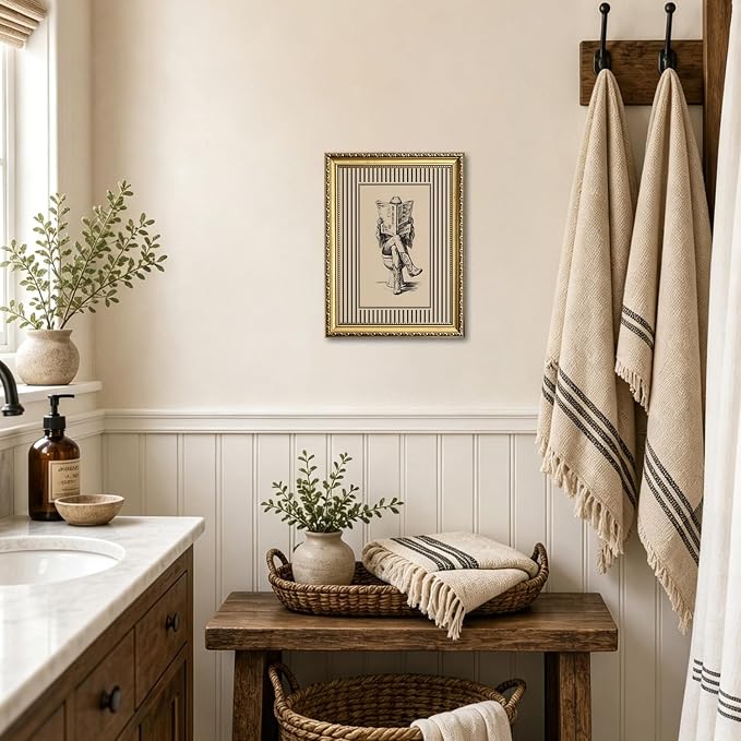 Gold Framed Funny Cowgirl Bathroom Wall Art Western Cowgirl Reading Newspaper on Toilet Wall Decor, Farmhous Vintage Cowboy Bathroom Poster Canvas Painting Print Picture 16x24 inch