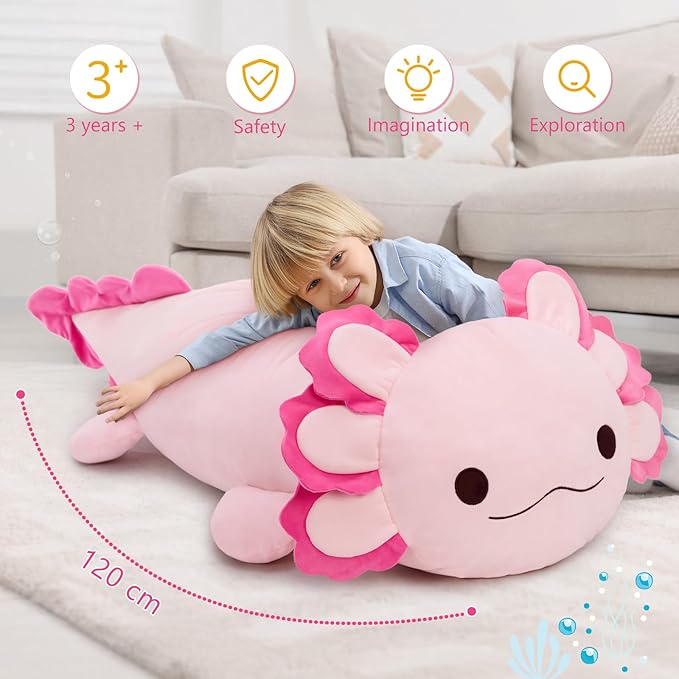 MaoGoLan 47" Giant Axolotl Stuffed Animal,Ultra Soft Salamander Kids Body Pillow Plush,4 Feet Jumbo Throw Pillow Plushie for Axolotl Lover,Home Decor,Gifts