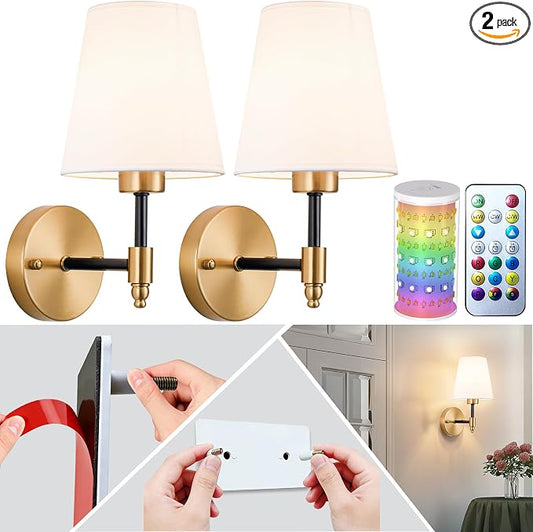 Peel and Stick Wall Sconces, Stick On Wall Sconce Set of 2, Battery Operated Wireless Adhesive Wall Lights, Corn Bulb with 10000mAh Battery, Easy Install for Bedroom Living Room Wall Decor