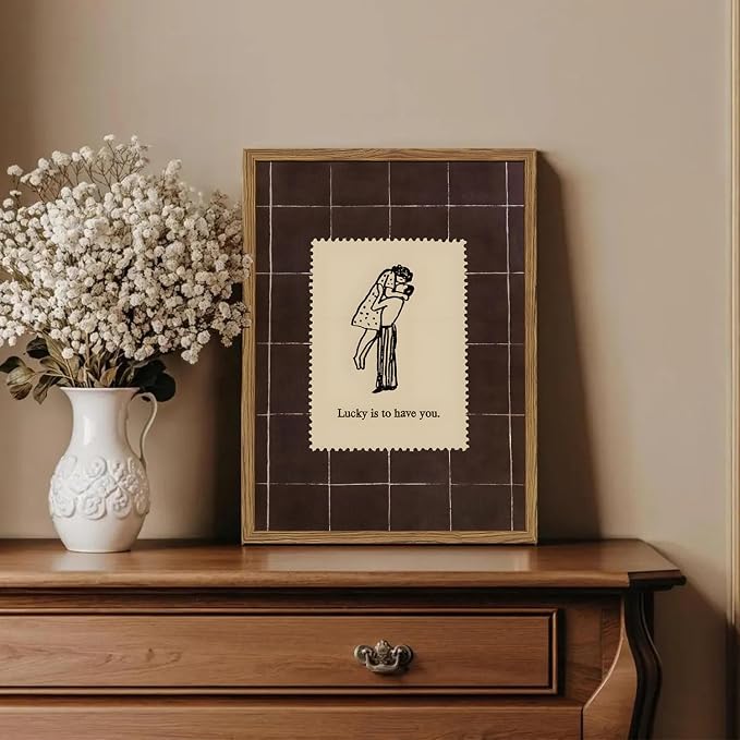 Vintage Love Couples Wall Art, Mid Century Lucky is to Have You Wall Decor Picture Romantic Anniversary Valentine Stamp Poster Canvas Prints for Bedroom Living Room 12x16 inch Wood Framed