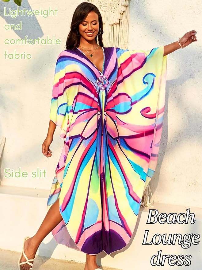 ChiaoLezhee Print Moo-Moos for Women, Kaftan Cover-Up Dresses, Sexy V-Neck High-Slit, Beach Pool-Party Coverups Muumuu Plus