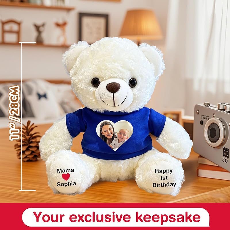 Custom Bear Plush with Picture Text Logo, 11 Inch Personalized Teddy Bear Stuffed Animal, Christmas Birthday Gift for Girls Boys Kids Adults Valentines Graduation Keepsake (T-shirt