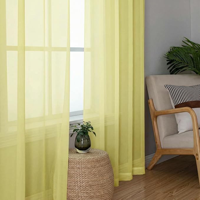 OWENIE Sheer Curtains 72 Inches Long 2 Panels Set, Modern Light Filtering Sheer Curtain Rod Pocket Clear Drapes for Window Sliding Door, Light Yellow, 2 Pcs Each 42 x 72 Inch