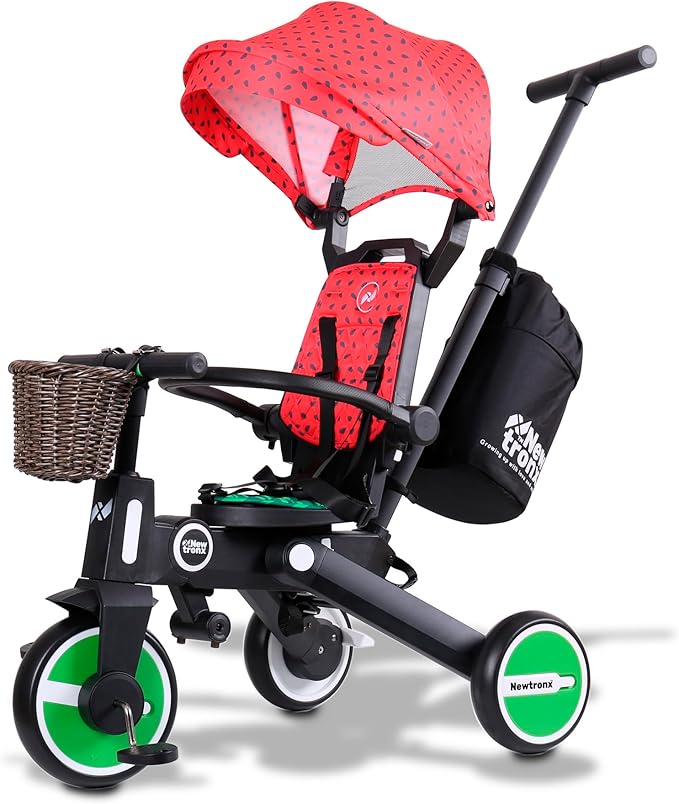 Adventure Pro Summer Edition - Foldable Tricycle for Toddlers-Big Canopy, Basket,Travel Backpack and Parent Bag - Toddler Tricycle for Ages 10 Months to 5 Years (Watermelon/Red)