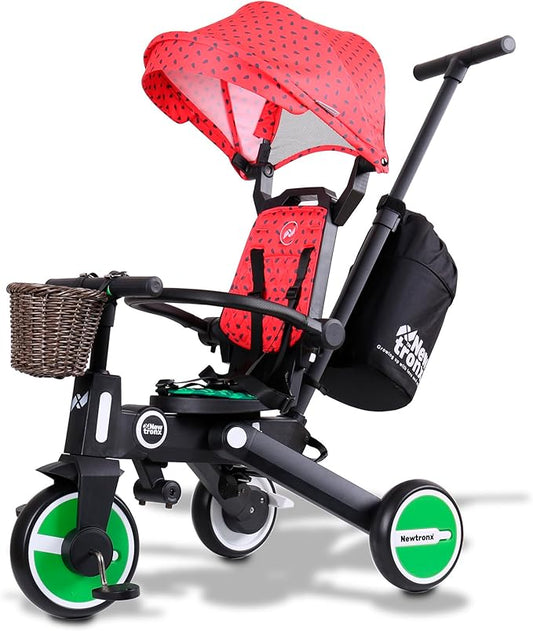 Adventure Pro Summer Edition - Foldable Tricycle for Toddlers-Big Canopy, Basket,Travel Backpack and Parent Bag - Toddler Tricycle for Ages 10 Months to 5 Years (Watermelon/Red)
