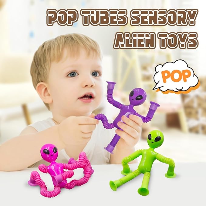 Pop Tubes Alien Fidget Toys for Kids, 4Pack Fidget Toys Telescopic Suction Cup Toy for Stress and Anxiety Relief, Stocking Stuffers Gift for Kids and Toddlers (4 Pack Alien)