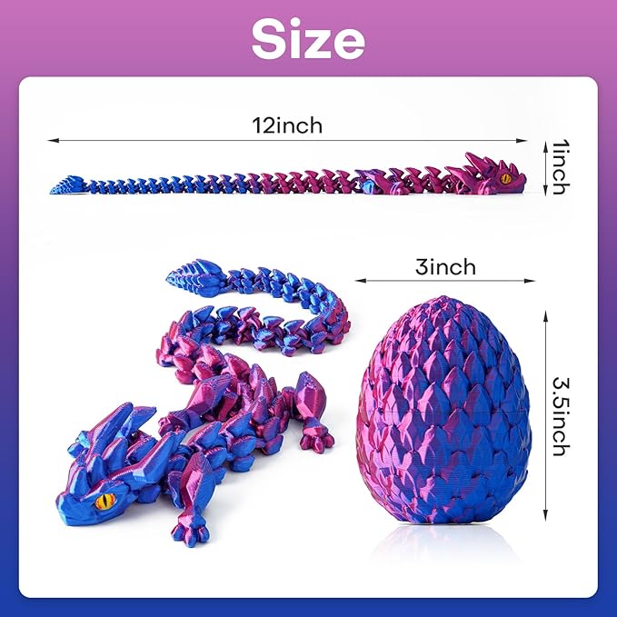 FYEFKJSA 3D Printed Dragon Eggs with Dragon Inside - 12Inch,Articulated Fidget 3D Printed Animals, Interesting Decorative Gift, Easter Basket Essentials Stuffers (Laser Purple)