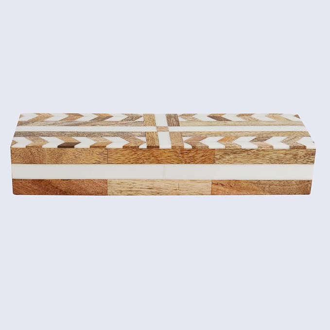 Handicrafts Home White Decorative Storage Box with Lid Wooden Entryway Organizer Box Key Holder Console Table Storage for Hallway Decor – Resin Inlay Patisserie Adorn Collection- 10x2.5x1.5
