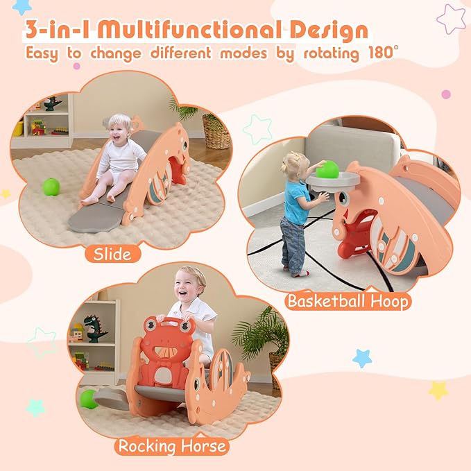 HONEY JOY Toddler Slide Rocking Toy, 4 in 1 Convertible Freestanding Slide for Kids w/Basketball Hoop, Rocking Horse, Foldable Baby Climber Playground Slide for Indoors Outdoors Boys Girls, Pink