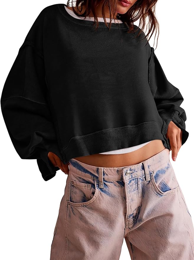 Zwurew Womens Casual Sweatshirt Cropped Shirts | Loose Fit, Tee Top, Pullover, Crop Hem, Design Trim, Daily Tops