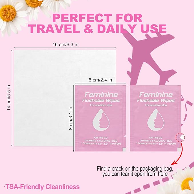 twoworld 300 Feminine Wipes Flushable Travel Individually Wrapped | Travel Wipes for Women,Feminine Care Wet Wipes Travel Size Vaginal Wipes for Adult,Girl and Homeless(Chamomile,Rose,Unscent)