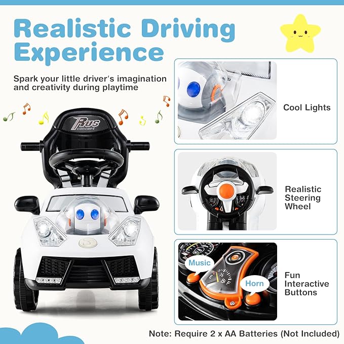 Costzon Push Car for Toddlers, 3 in 1 Stroller Sliding Walking Car with Handle, Canopy, Seat Belt, Horn, Music & Lights, Under-Seat Storage, Guardrail, Foot-to-Floor Ride On Toy for Boys Girls (White)