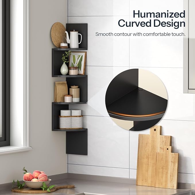 HOOBRO Corner Shelf Wall-Mounted, Set of 2 Floating Corner Shelves for Wall, 4-Tier Corner Bookshelves for Living Room, Bedroom, Bathroom, Home Office, Black BK25BJP201