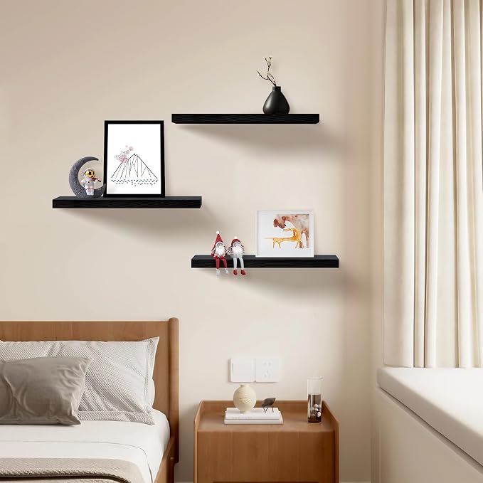 Upassion Floating Shelves for Wall Set of 3, 36" Black Wall Shelves for Home Decor, Frame Display Black Floating Shelf for Living Room, Bedroom, Bathroom, Kitchen