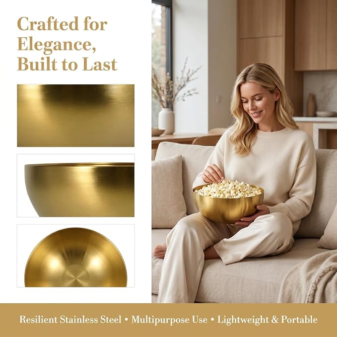 Stainless Steel Salad Bowl Gold Mixing Bowls 10 Inch Nesting Bowl Deep Snack Bowl Korean Large Serving Bowl for Kitchen Mixing Cooking Baking Prepping, 25.00X25.00X11.00CM, Golden
