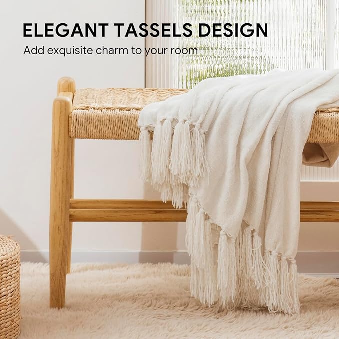 RECYCO Chenille Throw Blanket for Couch, 60"x80", Ivory White | Super Soft Knit Throw Blanket with Fringe Tassels, Lightweight Knitted Throw, Cozy, Ideal for Sofa Chair Bed Living Room Gift