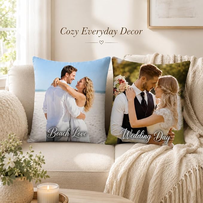 Bemaystar Custom Pillow Set of 4, Personalized Photo Pillow Covers with Picture Text, Made in USA, Custom Gifts for Family Pet Couple, Decorative Throw Pillow Gifts for Birthday Christmas (No Insert)