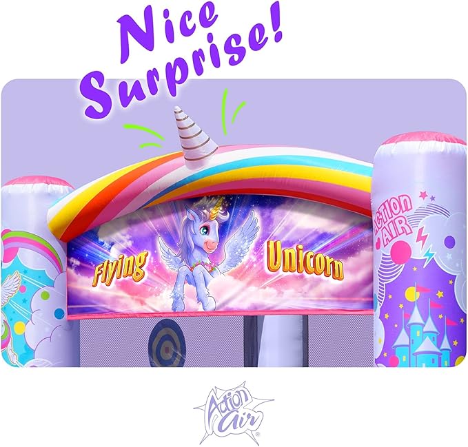 Action Air Bounce House, Princess Inflatable Bounce House with Blower, Pink Bouncy House for Girls, Flying Unicorn Theme Bouncy Castle, Durable Sewn and Extra Thick, Love for Kids