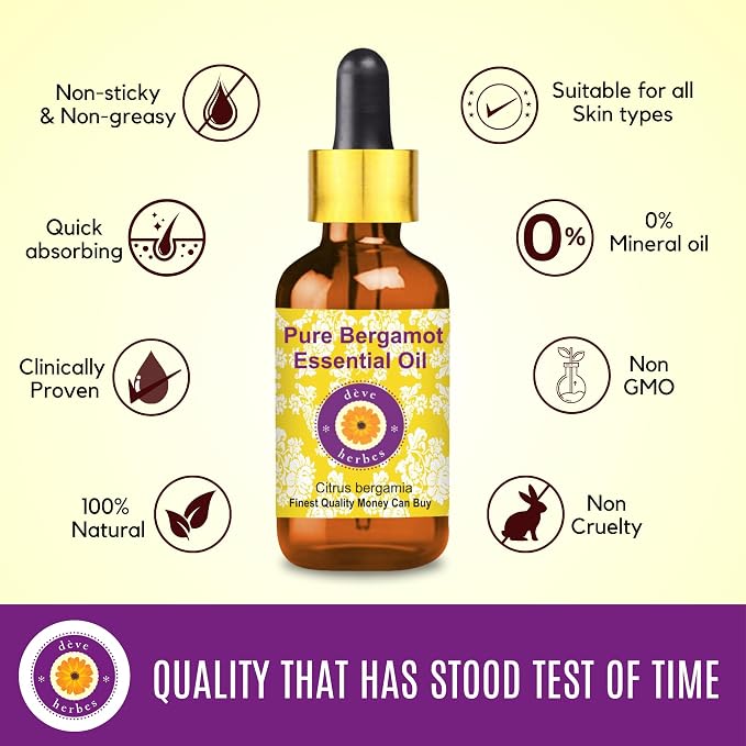 Deve Herbes Pure Bergamot Essential Oil (Citrus bergamia) with Glass Dropper Natural Therapeutic Grade Steam Distilled 10ml (0.33 oz)