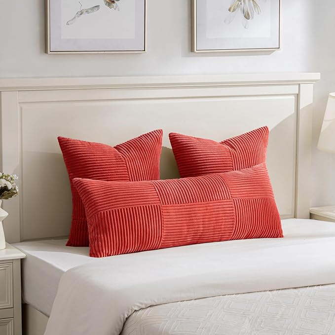Fancy Homi 2 Packs Red Decorative Throw Pillow Covers 18x18 Inch for Living Room Couch Bed Sofa, Rustic Boho Farmhouse Home Decor, Soft Corss Corduroy Patchwork Textured Square Cushion Case 45x45 cm
