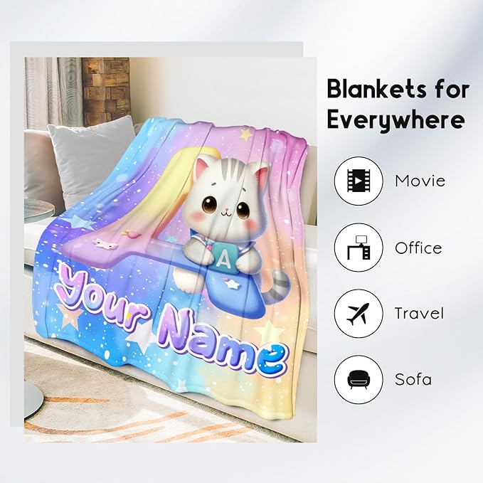 Custom Kids Blanket with Name, Cat Blankets Gifts for Girls Boys, Personalized Initial Throw for Daughter Son, 30"x40" Throws Monogram Gift for Couch, Office