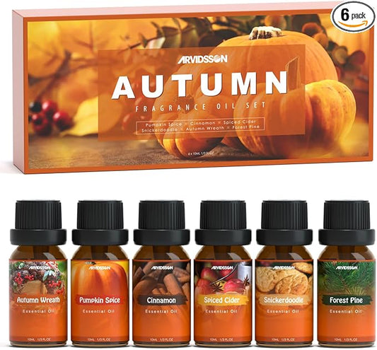 ARVIDSSON Autumn Fragrance Oil Set, Fall Essential Oils for Diffuser, Candle Making - Pumpkin Spice, Cinnamon, Spiced Cider, Snickerdoodle, Autumn Wreath, Pine, Cozy Scented Oils