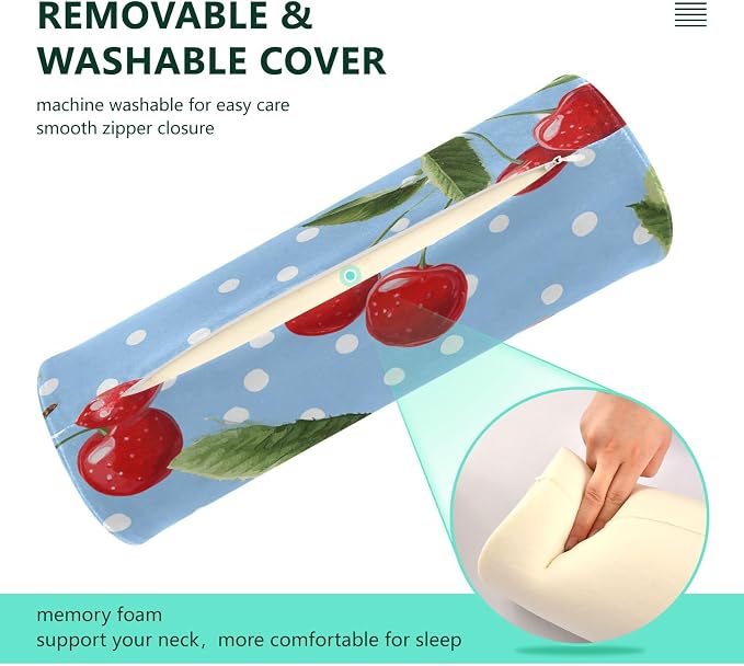 Light Blue Dots Red Cherry Neck Roll Pillow Bolster Round Health Memory Foam Long Cervical Cylinder Pillows with Removable Washable Cover for Body Bed Legs Back Yoga