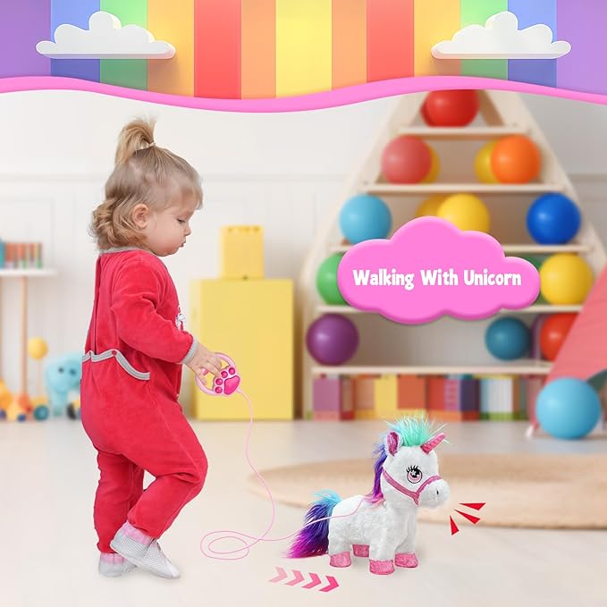 Interactive Unicorn Pet Toy with Leash Remote — Walks, Sits & “Eats”; Light-Up Horn, Touch & Sound Mode, Comb & Carrot, 3×AAA (Not Included), YH YUHUNG Unicorn Gift Toy for Girls Age 4-6
