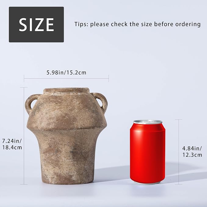 Rustice Vase for Flowers, 7in Decorative Farmhouse Vases for Pampas Grass, Vintage vase for Centerpieces, Terracotta Wide Open Vases with Handle, Unique Ceramic Vase by Lyeec