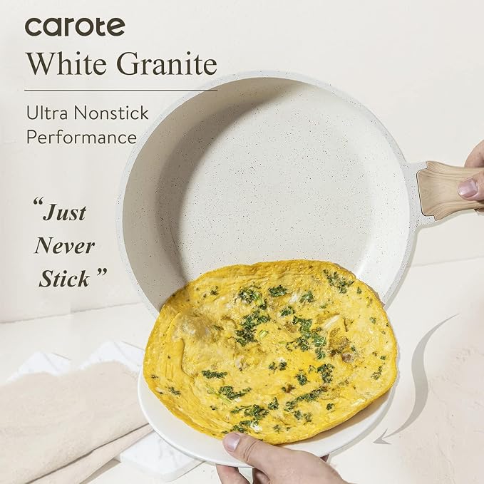 CAROTE 12 Inch Non Stick Frying Pan, Cream White Granite Skillet | Kitchen Healthy Non Toxic Stone Cookware, Induction Compatible, Dishwasher & Oven Safe, PFOA Free