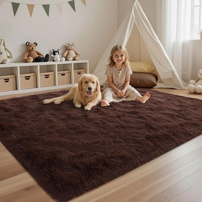 Coffee Brown 4x6 ft Fluffy Rug for Living Room,Fur Bedroom Area Rugs Non-Slip,Carpet for Nursery Kids PlayRoom Indoor Modern Plush Carpets