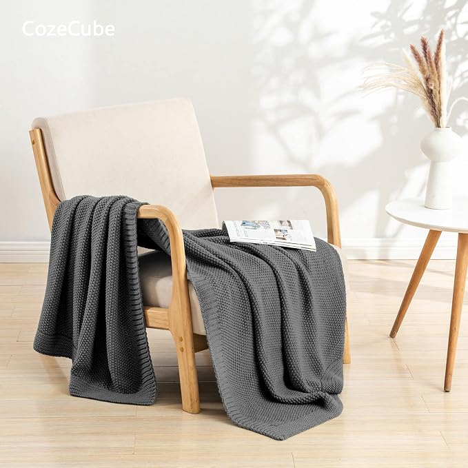 CozeCube Charcoal Grey Seed Stitch Throw Blanket 50"x60", Farmhouse Decor | Blanket for Couch, Soft Cozy Cable Knit Throw for Bed Sofa Living Room, Lightweight Warm Decorative Christmas Blanket