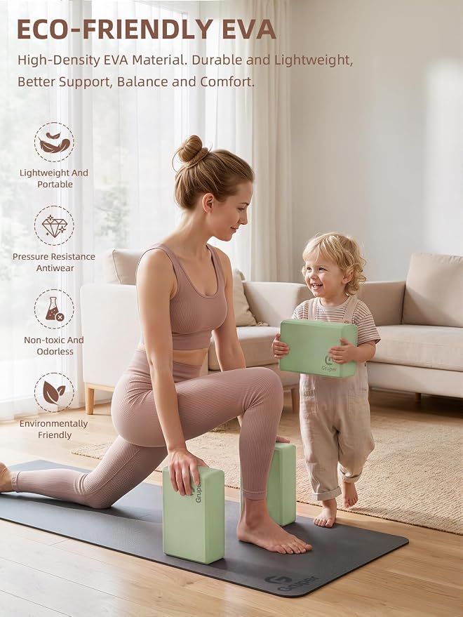 Gruper Yoga Blocks 2 Pack, 9"x6"x3" Exercise Blocks High-Density EVA Foam Blocks with Soft Non-Slip Surface, Lightweight Yoga Props for Yoga Pilates Meditation & Stretching