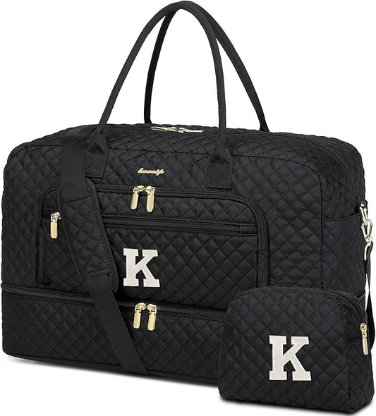 Initial Travel Duffle Bag for Women - Black Personalized Weekender bags Overnight Bag with Shoe Compartment & Wet Pocket Weekend Tote Bags with Toiletry Bag Monogram Christmas Gift (Letter K)