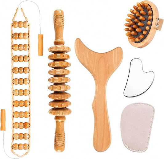 5PCS Wood Therapy Massage Tools Set, Maderoterapia Lymphatic Drainage Massager, Professional Maderoterapia Kit Cellulite Massager for Body Contouring,Relief Muscle， Gua Sha Facia Tools