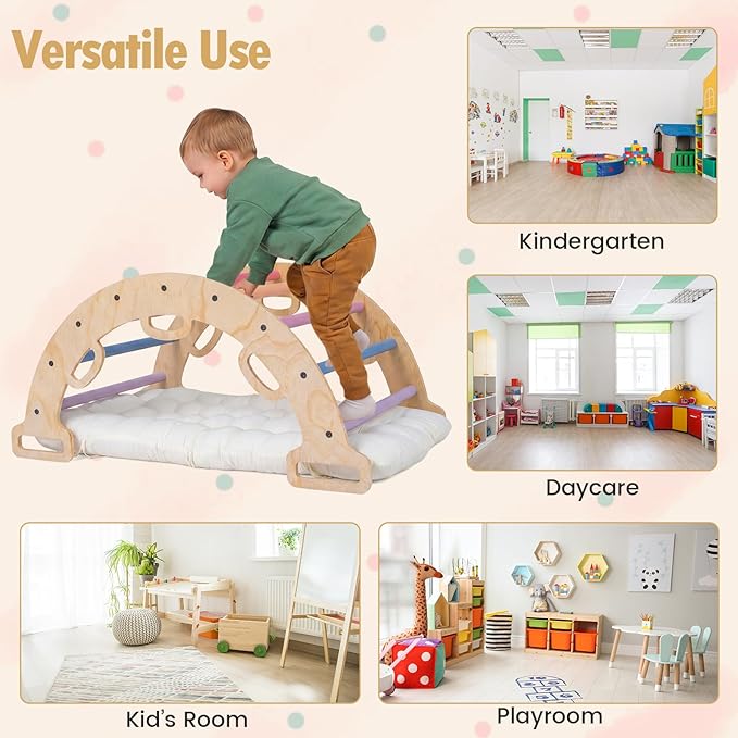 Costzon Wooden Rocking Climbing Arch w/Cushion, 3-in-1 Montessori Kids Climber Rocker for Toddlers, Playground Climbing Ladder Toy, Indoor Gym Learning Playset for Boys Girls Ages 1+ (Multi-Color)