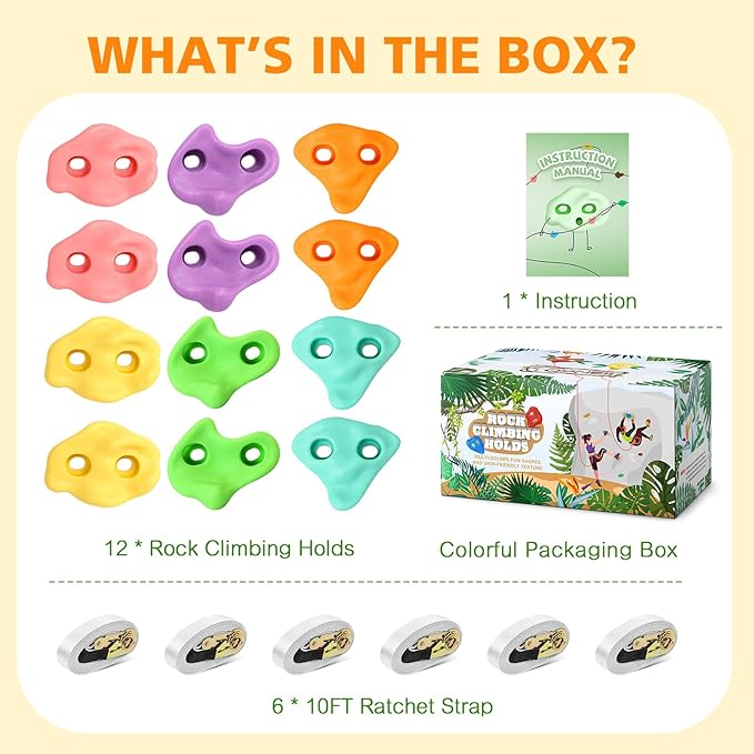 TOPNEW 12 Ninja Tree Climbing Holds for Kids Climber, Tree Climbing Kit with 6 Ratchet Straps for Outdoor Ninja Warrior Obstacle Course Training, Pastel Color