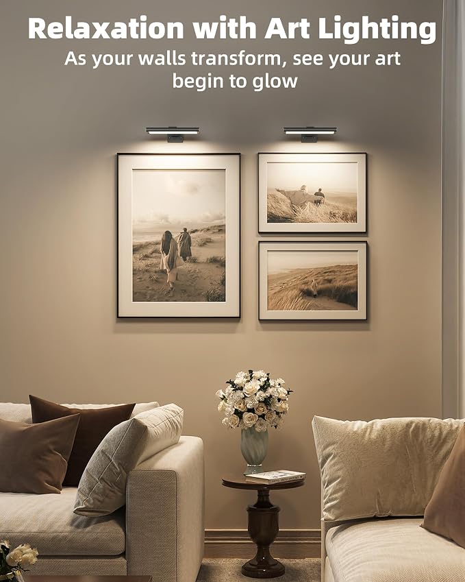 EZVALO Picture Light for Wall, Rechargeable 2400mAh Lights Wireless with IR Remote, 3 Color & Dimmable Magnetic 7.8'' LED Lights Display for Painting, Living Room, Gallery, Bedroom(Black-3P)