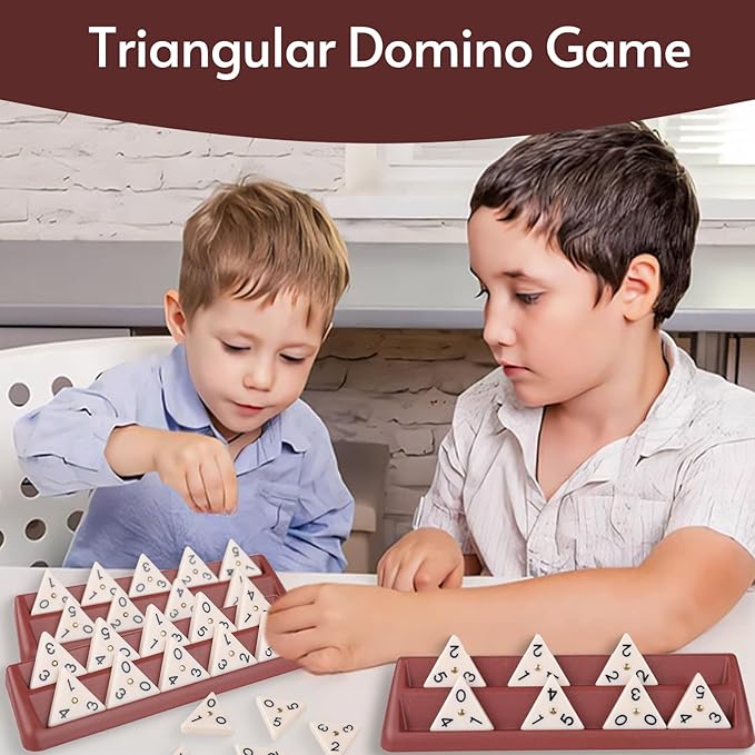 Premium Quality Triangle Domino Game Set with 56 Triangular Domino Tiles, Includes 4 Holders, Classic Family Strategy Board Game for 2-4 Players Kids and Adults