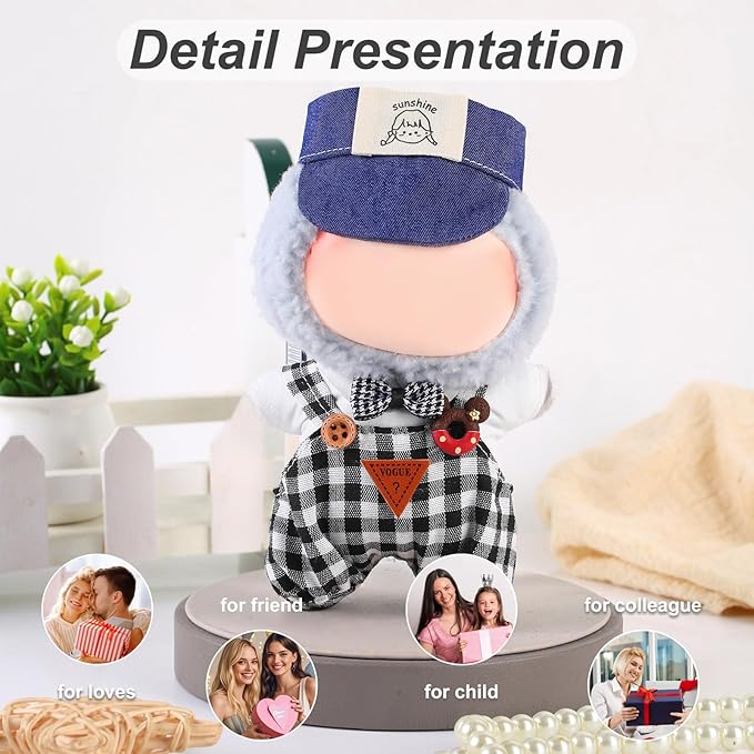 17cm Doll Clothes Set (No Doll) – Outfit with Hat & Overalls, Handmade Accessories for Mini Dolls, OB11-Compatible Dress-Up Gift (Blue Hat)