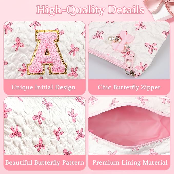 Initial Makeup Bag, Valentines Day Gifts for Women Teens Girls Birthday Gift Personalized Bow Cosmetic Bag, Quilted Cosmetic Travel Toiletry Pouch, Cute Makeup Organizer Teen Girl Gifts Trendy Stuff M