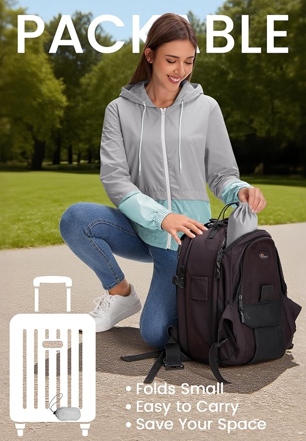 Zando Lightweight Rain Jacket Women Packable Waterproof Raincoat with Hood | Windbreaker Jacket Women, Light Raincoats for Drizzle, Rain Coats for Travel, Hiking and Commute