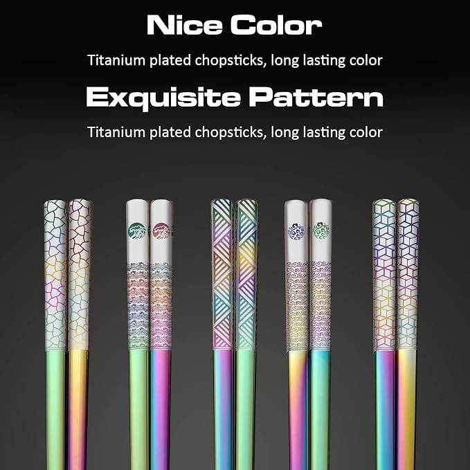 Metal Chopsticks Reusable 18/8 Stainless Steel Chopsticks Laser Engraved Premium Titanium Chop Sticks Dishwasher Safe Lightweight Japanese Korean Chopsticks 5 Pairs Gift Set (Rainbow)